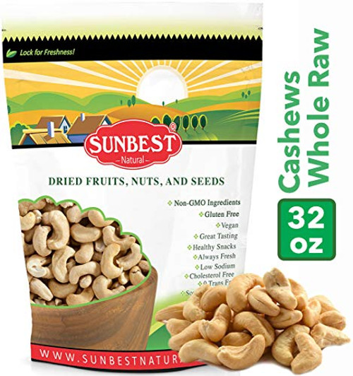 SUNBEST Natural Shelled Whole Raw Cashews 2 Lbs  in Resealable Bag