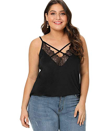 Romwe Women s Plus Size Contrast Lace Criss Cross V Neck Spaghetti Strap Cami Tank Top BlackImproved 2X
