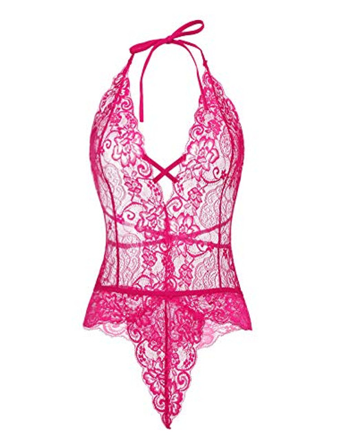 Avidlove Women One Piece Teddy Lingerie Deep V Halter Lace Bodysuit Babydoll Rose Red Avidlove Women One Piece Teddy Lingerie Deep V Halter Lace Bodysuit Babydoll Rose Red