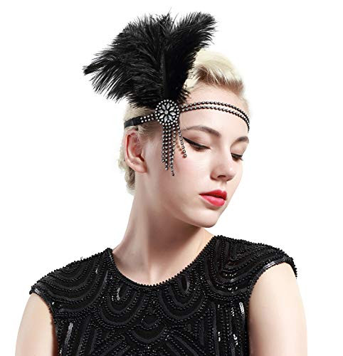 BABEYOND 1920s Flapper Headband 20s Great Gatsby Headpiece Black Feather Headband 1920s Flapper Gatsby Accessories with Tassel and Ribbon Silver crystals