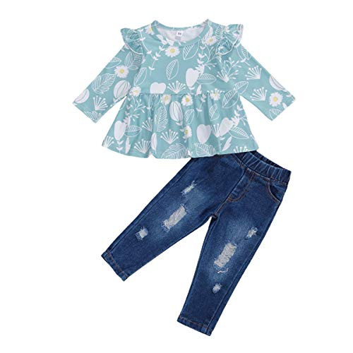 Baby Toddler Girl Off Shoulder Ruffle Tops  Ripped Jeans Hollow Denim Pants Outfits Clothes Set 5 1218 Months