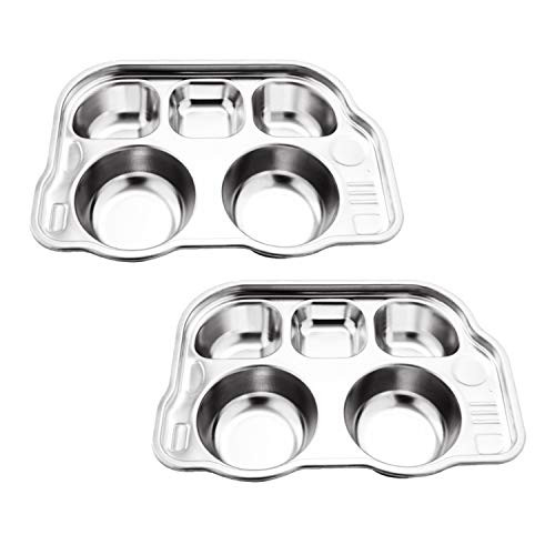 BabyLum 2 Pack Family Car Design Stainless Steel Plate with 5 Round Divided Section  for Kids and Picky Eaters