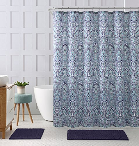 Blue Teal Purple Cloth Fabric Shower Curtain: Floral Paisley Print Design, 72" x 72" inch