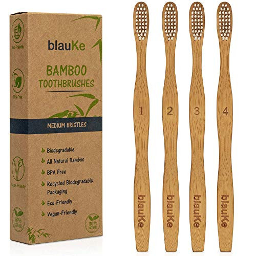 Bamboo Toothbrush Medium Bristles 4 Pack Biodegradable Toothbrush Set EcoFriendly Wooden Toothbrushes 4 Bamboo Toothbrushes with Medium Bristles BlauKe Bamboo Toothbrush Medium Bristles 4 Pack Biodegradable Toothbrush Set EcoFriendly Wooden Toothbrushes 4 Bamboo Toothbrushes with Medium Bristles BlauKe
