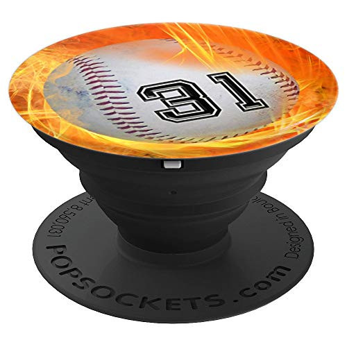 Baseball Number  31  Lucky Number Fire Flame  Baseball PopSockets Grip and Stand for Phones and Tablets