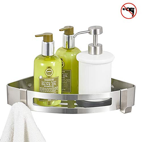 BESy Adhesive Bathroom Shower Corner Shelf Shower Corner Caddy, Drill Free with Glue or Wall Mount with Screws,No Damage SUS304 Stainless Steel 1 Tier Shower Wall Shelves Triangle,Brushed Nickel