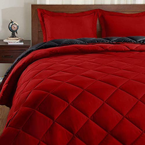 Basic Beyond Down Alternative Comforter Set King Black/Red  Reversible Bed Comforter with 2 Pillow Shams for All Seasons
