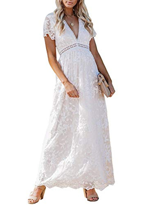 Bdcoco Women s V Neck Floral Lace Wedding Dress Short Sleeve Bridesmaid Evening Party Maxi Dress