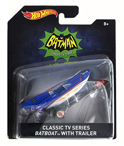 Classic Batman Batboat w/ Trailer, Blue w/ White - Mattel DKL20A - 1/64 Scale Diecast Model Vehicle