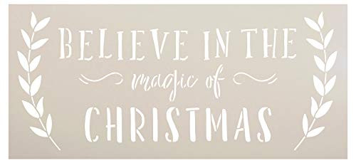 Believe Magic of Christmas Stencil by StudioR12  DIY Holiday Laurel Home Decor  Craft  Paint Wood Sign  Reusable Mylar Template  Winter Cursive Script Gift Select Size 12 inches x 5 5 inches