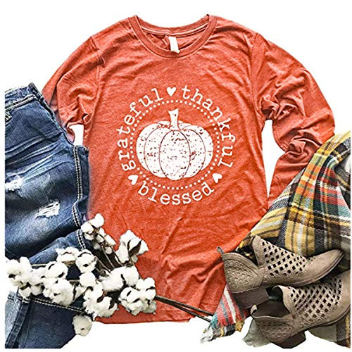 Beopjesk Women s Fall Pumpkin Halloween TShirt Casual Long Sleeve Grateful Thankful Blessed Thanksgiving Graphic Tees Tops Orange XL