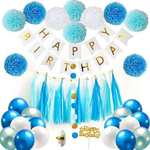 Blue and White Birthday Party Decorations Birthday Decorations for Boys Kids and Adults - Happy Birthday Banner, Latex Balloons, Pom Poms, Paper Tassel Garlands, Blue & White Birthday Party Supplies Blue and White Birthday Party Decorations Birthday Decorations for Boys Kids and Adults - Happy Birthday Banner, Latex Balloons, Pom Poms, Paper Tassel Garlands, Blue & White Birthday Party Supplies