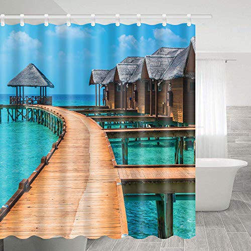 Btty Shower Curtain Sea Bungalows Decoration,Polyester Waterproof Bathroom Curtains with Hooks for for Bathroom Showers, Stalls and Bathtubs,70x70 Inches