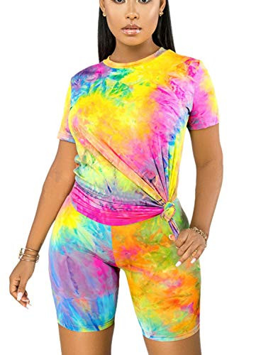 Biker Short Sets Women 2 Piece Outfits Casual Tie Dye Short Sleeve TShirts Bodycon Shorts Outfit Sports Yoga Suit Tracksuit Jumpsuits Summer