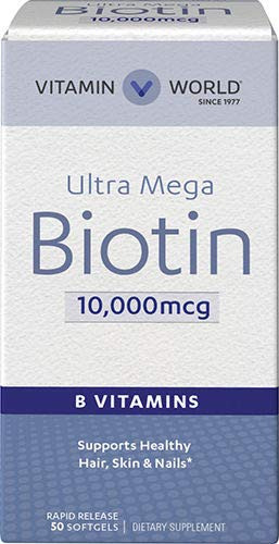 Vitamin World Ultra Mega Biotin 10000 mcg  50 Softgels Vitamin B Supports Healthy Hair Skin and Nails RapidRelease Gluten Free