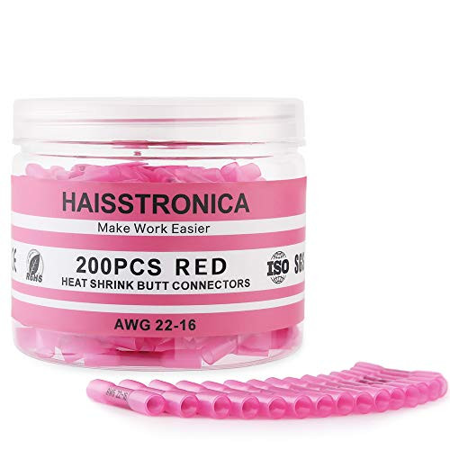 Haisstronica 200PCS Red Heat Shrink Butt Connectors 22-18 Gauge-Insulated Waterproof Electrical Connectors Wire Terminals Marine Automotive Crimp-Butt Splice Connectors