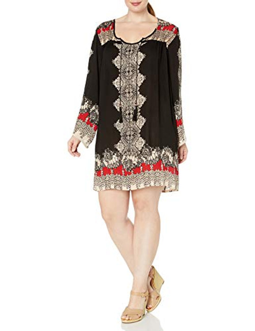 Angie Women s Plus Size Printed Bell Sleeve Dress Black/Sand 3X