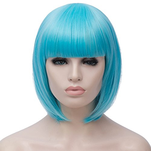 Blue Bob Wig Short Hair Wigs with Bangs Womens Straight Synthetic Wig Natural As Real Hair 12   with Wig Cap BU027BL