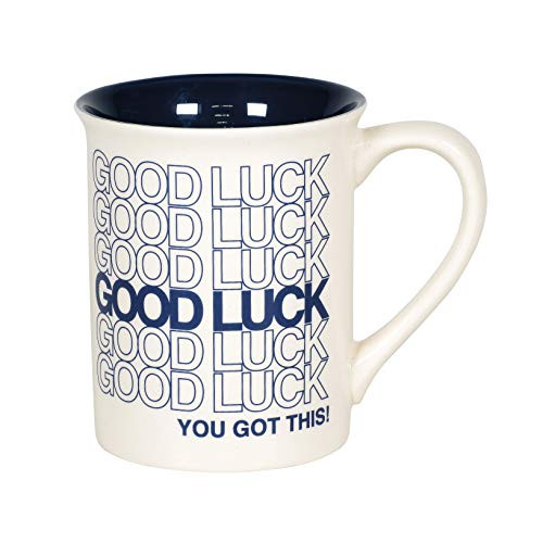 Enesco Our Name is Mud Good Luck Repeating Type Coffee Mug 16 Ounce Dark Blue and White