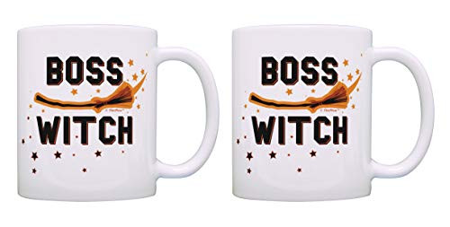 Pun Gifts Boss Witch Halloween Mug Set Broomstick Witch Cup 2 Pack Gift Coffee Mugs Tea Cups White