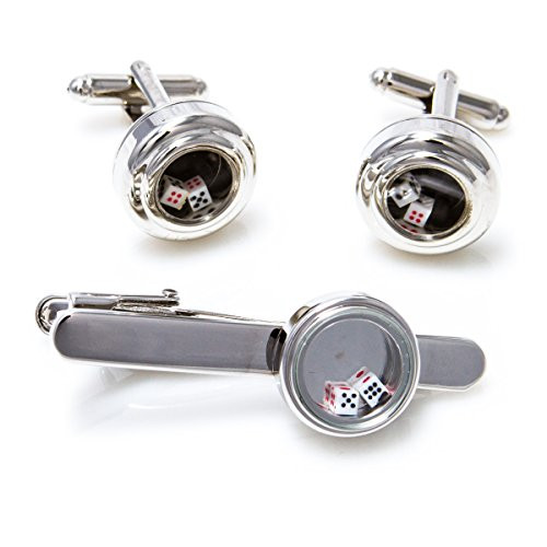 MRCUFF Dice Pair Cufflinks and Tie Bar in a Presentation Gift Box with Polishing Cloth