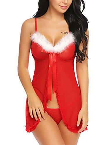 ADOME Women s Santa Lingerie Red Christmas Babydoll Set Chemises Outfit Lace Sleepwear XXXLarge
