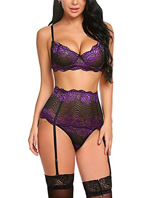 Avidlove Women Lace Lingerie Set with Garter Belts Purple Bra and Panty Set Lace Gartered Lingerie Three Piece PurpleS Avidlove Women Lace Lingerie Set with Garter Belts Purple Bra and Panty Set Lace Gartered Lingerie Three Piece PurpleS