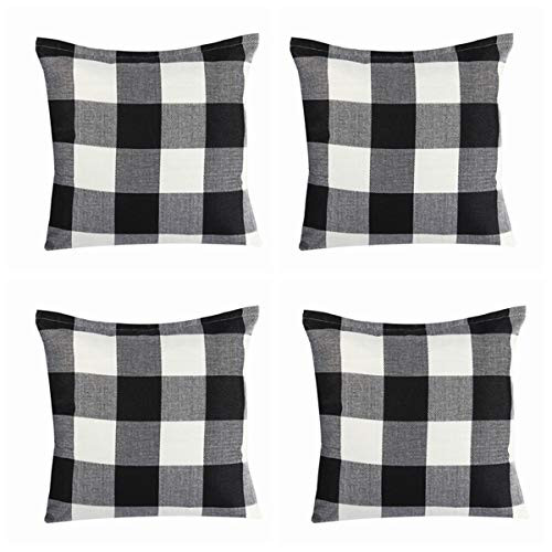 Steven.Smith 4 Pack Farmhouse Decorative Black White Buffalo Check Plaids Throw Pillow Cases Cotton Linen Decorative Cushion Cover Throw Pillowcase 18x18 inch Fall Halloween Home Decor