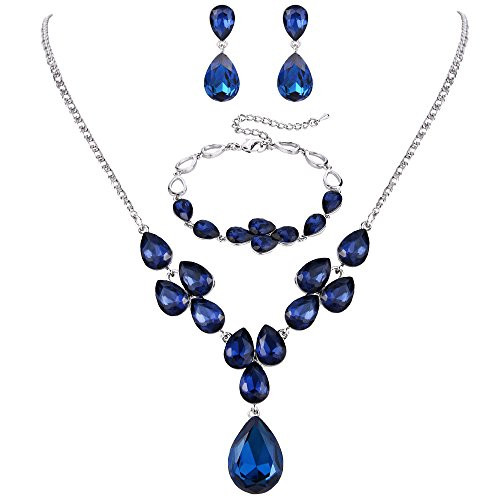 BriLove Wedding Bridal Necklace Bracelet Earrings Jewelry Set for Women Crystal Multi Teardrop Cluster Statement Necklace Tennis Bracelet Dangle Earrings Set Navy Blue Sapphire Color SilverTone