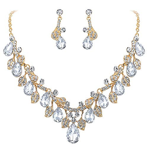 BriLove Wedding Bridal Necklace Earrings Jewelry Set for Women Crystal Enamel Teardrop Cluster Leaf Vine Statement Necklace Dangle Earrings Set Clear GoldToned BriLove Wedding Bridal Necklace Earrings Jewelry Set for Women Crystal Enamel Teardrop Cluster Leaf Vine Statement Necklace Dangle Earrings Set Clear GoldToned