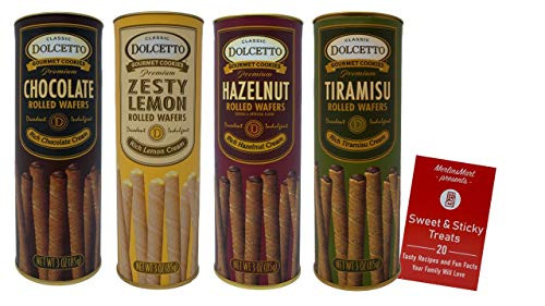 Dolcetto Premium Cream Filled Rolled Wafers  Gourmet Cookies 4 Flavor Variety Pack 1 each Rich Chocolate Zesty Lemon Rich Hazelnut Tiramisu 3 Ounces Plus Recipe Booklet Bundle