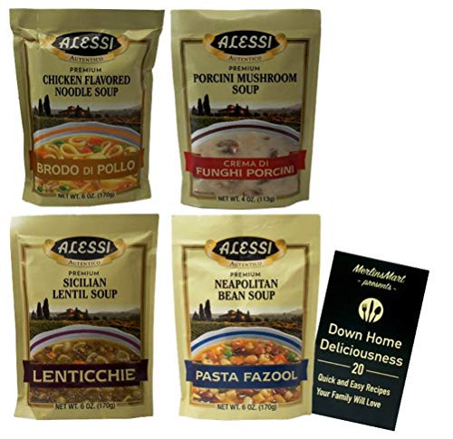 Alessi Athentic Italian Soup Mix  4 Flavor Variety 1 each Chicken Noodle Porcini Mushroom Sicilian Lentil Neapolitan Bean 6 Ounces Plus Recipe Booklet Bundle