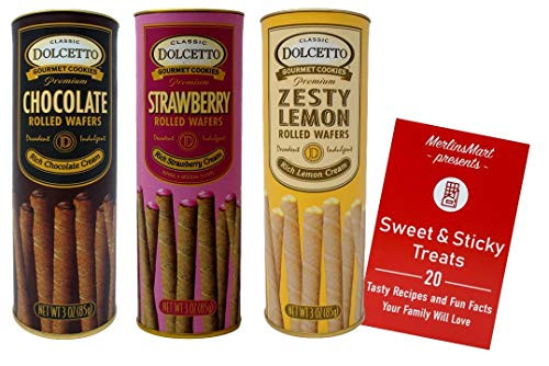 Dolcetto Premium Cream Filled Rolled Wafers  Gourmet Cookies 3 Flavor Variety Pack 1 each Rich Chocolate Rich Strawberry Zesty Lemon 3 Ounces Plus Recipe Booklet Bundle