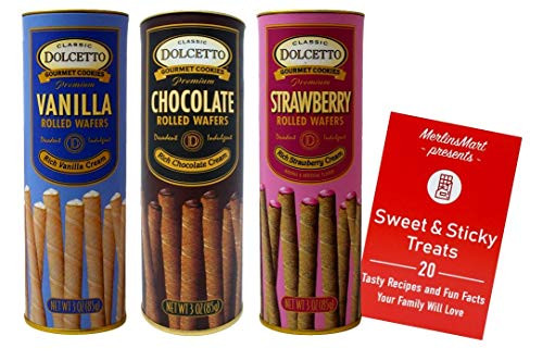 Dolcetto Cream Filled Rolled Wafers Gourmet Cookies 3 Flavor 1 each Rich Vanilla Rich Chocolate Rich Strawberry 3 Ounces Plus Recipe Booklet Gift Bundle Dolcetto Cream Filled Rolled Wafers Gourmet Cookies 3 Flavor 1 each Rich Vanilla Rich Chocolate Rich Strawberry 3 Ounces Plus Recipe Booklet Gift Bundle
