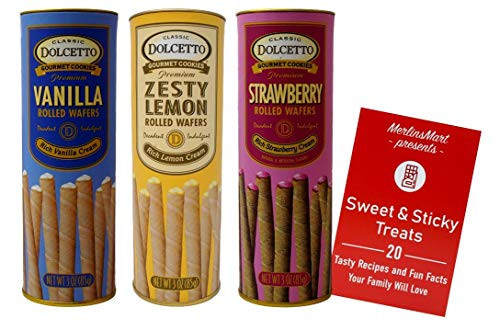 Dolcetto Premium Cream Filled Rolled Wafers Gourmet Cookies 3 Flavor Variety Pack 1 each Rich Vanilla Zesty Lemon Rich Strawberry 3 Ounces Plus Recipe Booklet Bundle Dolcetto Premium Cream Filled Rolled Wafers Gourmet Cookies 3 Flavor Variety Pack 1 each Rich Vanilla Zesty Lemon Rich Strawberry 3 Ounces Plus Recipe Booklet Bundle