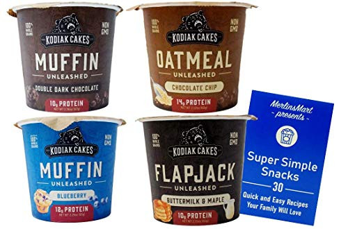 Kodiak Cakes Unleashed High Protein On The Go Cups  4 Flavor Sampler 1 each Double Dark Muffin Chocolate Chip Oatmeal Blueberry Muffin Buttermilk Maple Flapjack Plus Recipe Booklet Bundle