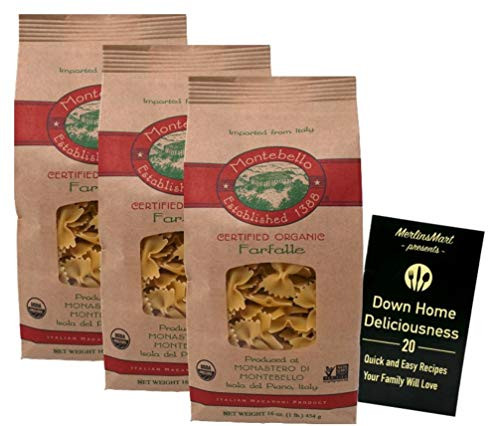 Montebello Organic Italian Pasta  Farfalle Bowtie 16 Ounces  3 Count Plus Recipe Booklet Bundle Montebello Organic Italian Pasta  Farfalle Bowtie 16 Ounces  3 Count Plus Recipe Booklet Bundle