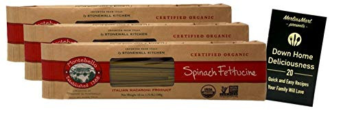 Montebello Organic Italian Pasta  Spinach Fettucine 16 Ounces  3 Count Plus Recipe Booklet Bundle