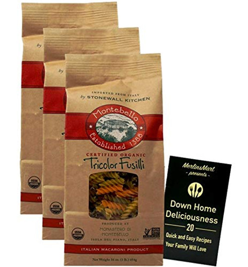 Montebello Organic Italian Pasta  Tricolor Fusilli 16 Ounces  3 Count Plus Recipe Booklet Bundle Montebello Organic Italian Pasta  Tricolor Fusilli 16 Ounces  3 Count Plus Recipe Booklet Bundle