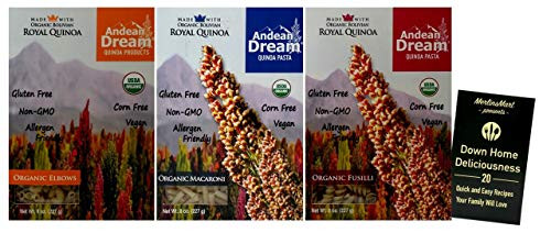 Andean Dream Organic Vegan Gluten Free Quinoa Pasta 3 Shape Variety  1 each Fusilli Macaroni Elbows 8 Ounces  Plus Recipe Booklet Bundle