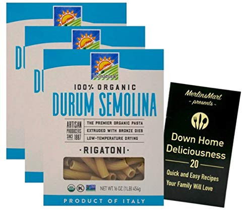 Bionaturae Organic Italian Durum Semolina Pasta  Rigatoni 16 Ounces  3 Count Plus Recipe Booklet Bundle
