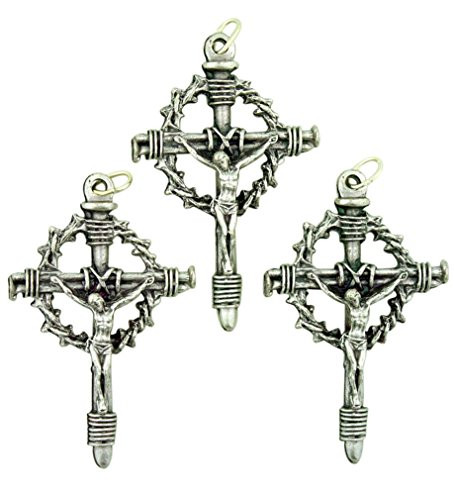 Lot of 3 Silver Tone Crown of Thorns Crucifix 2 Inch Nails of The Cross Pendant