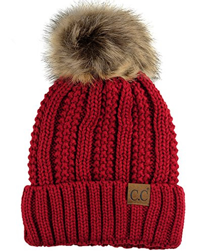 C C Thick Cable Knit Faux Fuzzy Fur Pom Fleece Lined Skull Cap Cuff Beanie Red