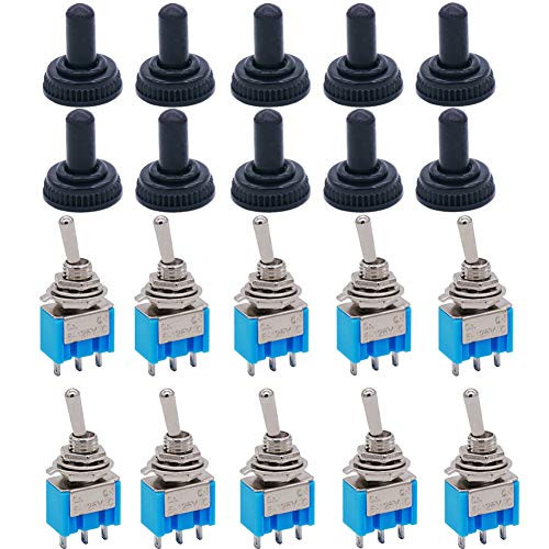 TWTADE / 10pcs Blue Mini MTS102 3Pin SPDT ON/ON 6A 125VAC 2 Position Miniature Toggle Switch  10pcs Waterproof Cap