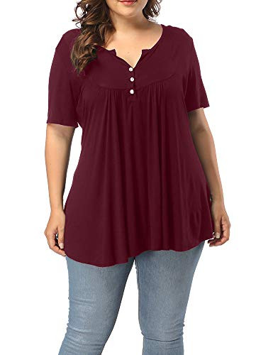 Allegrace Women s Plus Size Henley V Neck Button Up Tunic Tops Casual Short Sleeve Ruffle Blouse Shirts Wine Red 1X