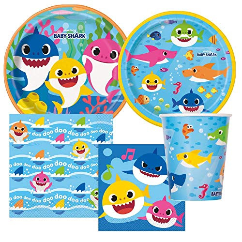 Shark Party Birthday Tableware Includes Dinner Plates Dessert Plates Lunch Napkins Beverage Napkins and Paper Cups for 8 Guests