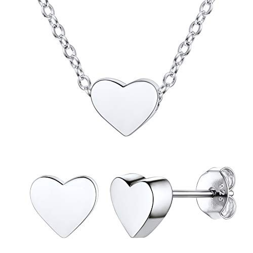 ChicSilver Women Jewelry Set 925 Sterling Silver Simple Dainty Heart Necklace and Stud Earrings Sets for Teen Girls
