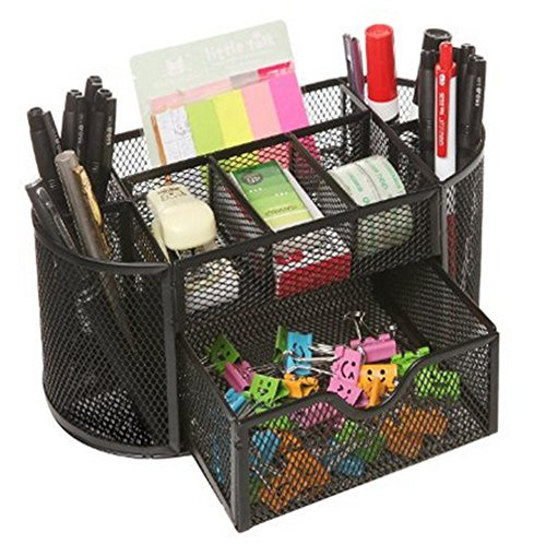 Space Saving Desk Tidy Multi-functional Metal Wire Mesh 9 Compartment Office / School Supply Desktop Organizer Caddy W/ Large Drawer (Black)