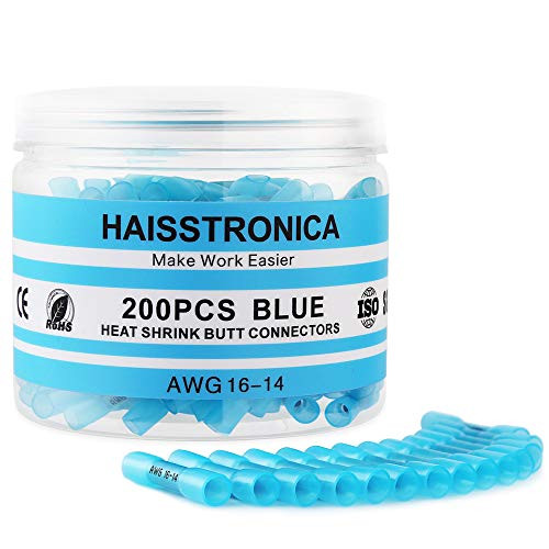 Haisstronica 200PCS Blue Heat Shrink Butt Connectors 16-14 Gauge-Insulated Waterproof Electrical Connectors Wire Terminals Marine Automotive Crimp-Butt Splice Connectors Haisstronica 200PCS Blue Heat Shrink Butt Connectors 16-14 Gauge-Insulated Waterproof Electrical Connectors Wire Terminals Marine Automotive Crimp-Butt Splice Connectors