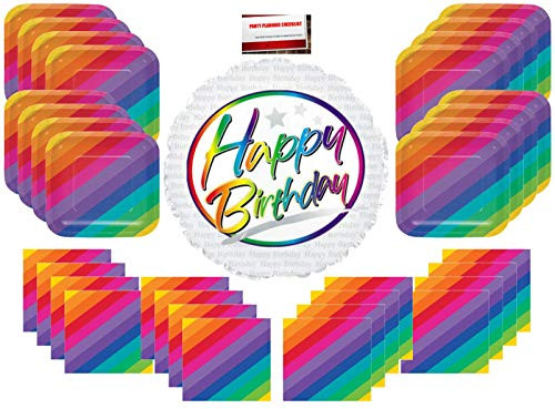 Rainbow Party Supplies Bundle Pack for 16 (Bonus 18 Inch Balloon Plus Party Planning Checklist by Mikes Super Store)